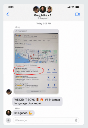 Group chat screenshot of a garage door client sharing their number one Google Maps ranking in Tampa