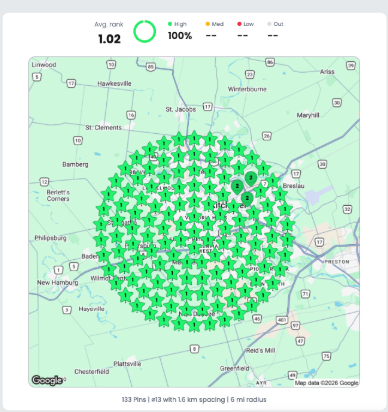 Local ranking grid for a general contractor in Kitchener, Ontario showing an average rank of 1.02